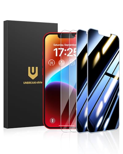 UNBREAKcable 4PCS Screen Protector for iPhone 14 Plus - 2 Privacy Tempered Glass+ 2 Clear Glass Double Shatterproof [Installation Frame] [9H Hardness] [Case Friendly] Anti-Scratch iPhone 6.7 inch - size: iPhone 14 Plus