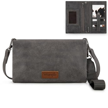 Wrangler Womens Wristlet Wallet RFID Blocking Bifold Clutch Credit Card Holder Purse with Crossbody Strap - color: B-gray