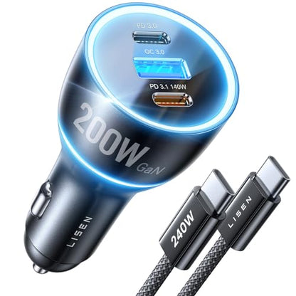 LISEN 200W Car Charger USB C Fast Charge [GaN] PD 140W Fast Car Charger