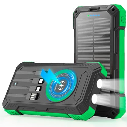 Solar Charger Power Bank 49800mAh Wireless Portable Phone Charger, 22.5W QC3.0 Fast Charging Built in 4 Cables with USB C 6 Outputs & 2 Inputs for All Cell Phone - color: Military Green