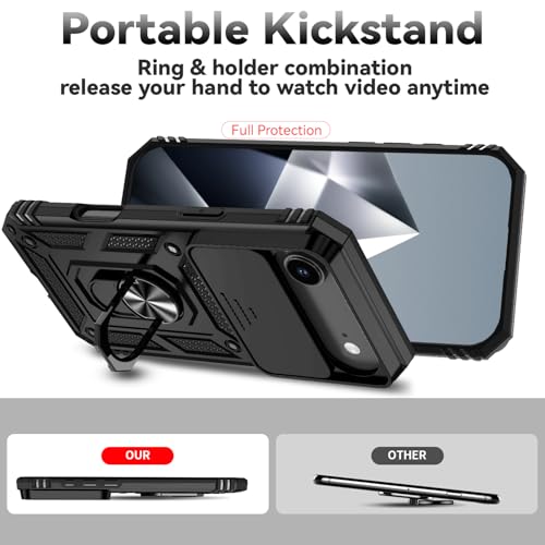 for iPhone Air Case, with Slide Camera Cover HD Screen Protector [Military Grade 16ft. Drop Tested] Ring Holder Kickstand Protective Phone Case for Apple iPhone Air 2025, Black - color: Black w/ Slide Camera 2nd gen. Military Grade