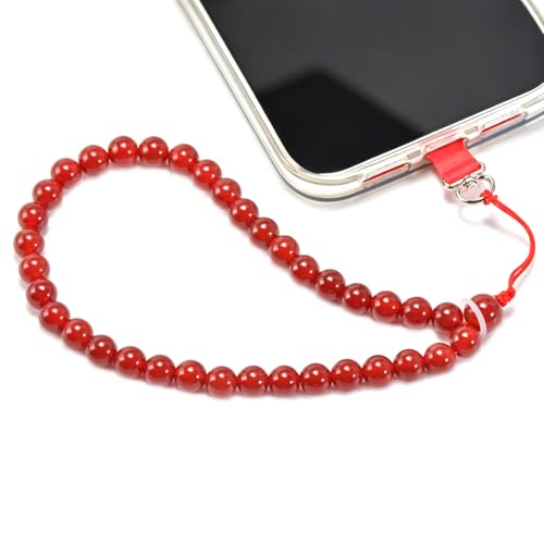 Agate Beaded Phone Wrist Strap for Women Men Stone Beads Charm Handmade Cellphone Chain Lanyard with Tether Tab - color: Red-2, size: 6mm Beads