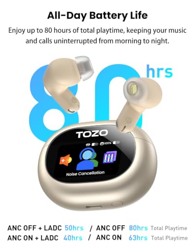 TOZO NC20 Pro Active Noise Cancelling Wireless Earbuds, Smart LCD Screen - color: Titanium Gold