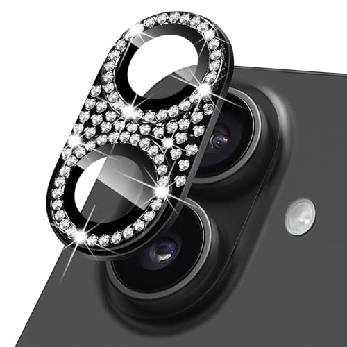 Compatible with iPhone 16 and 16 Plus Camera Lens Protector, Bling Rhinestone Sparkle Diamond 9H Tempered Glass Lens Cover Shockproof Full Protective Camera Cover - color: Black Diamond, size: for iPhone 16 / 16 Plus