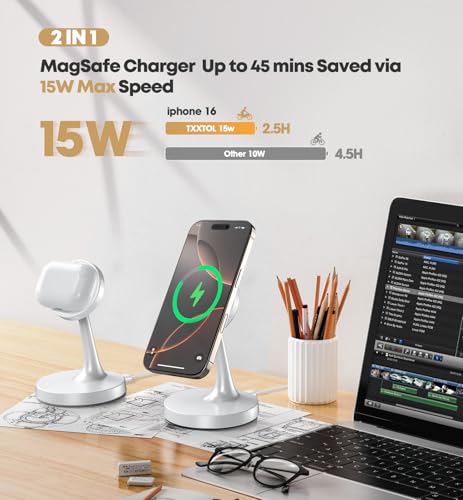 TXXTOL Magnetic Wireless Charger iPhone Stand, 15W Fast Mag-Safe Charger iPhone 17/17 Air/17 Pro/17 Pro Max 16/15/14/13/12 Series Magnet Wireless Charging Station/Pad/AirPods for Home, Office, Travel - color: 1Pack White