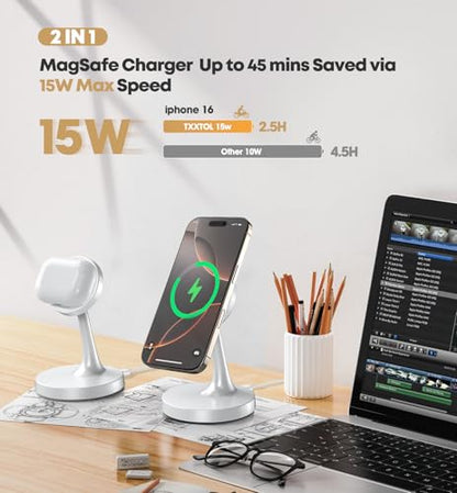 TXXTOL Magnetic Wireless Charger iPhone Stand, 15W Fast Mag-Safe Charger iPhone 17/17 Air/17 Pro/17 Pro Max 16/15/14/13/12 Series Magnet Wireless Charging Station/Pad/AirPods for Home, Office, Travel - color: 1Pack White