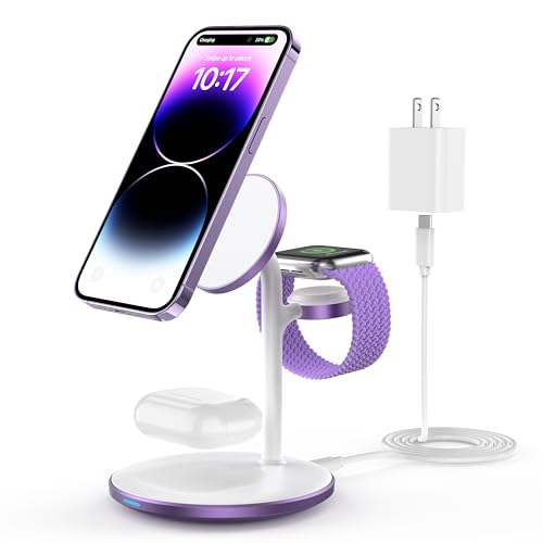 3 in 1 Magnetic Wireless Charging Station for Apple Devices,15W for Magsafe - color: Lavender Purple