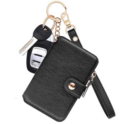 M-Plateau RFID Blocking Keychain Wallet With Leather Wrist Strap | Keychain Wristlet, Womens Card Holder with Zipper Coin Pocket and ID Window(Black) - color: Black