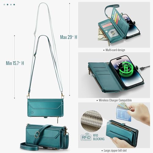 Strapurs Wallet Case Compatible with iPhone 14 Pro Max RFID Blocking 10-Card Holder Soft PU Leather Magnetic Snap Shoulder Strap Zipper Pocket Phone Case Fit for iPhone 14 Pro Max - Blue Green | RFID Blocking 10-Card Holder, Shoulder Lanyard, Wirst Strap,