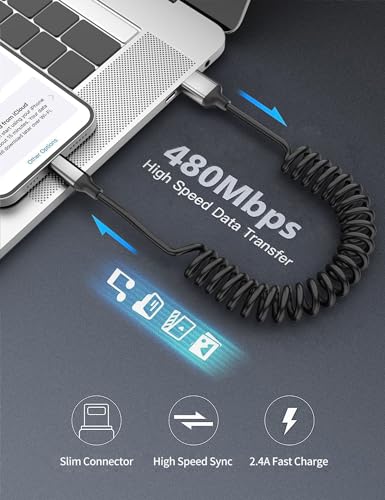 Coiled USB to Lightning Cable,2Pack Retractable iPhone Charger CarPlay Cord - size: 3FT