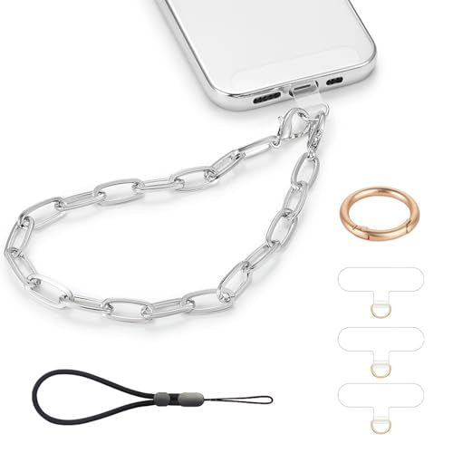 Phone Charm with Gold Metal Chain Detachable Phones Lanyard Hand Wrist Strap Wristlet Adjustable Phone Finger Grip Strap with 3 Patches Tether Universal for iPhone 16 Pro Max 15 Charms Silver - color: O-Silver