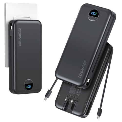 Portable Charger Power Bank 20000mAh with Built in Cables & Wall Plug - color: Black