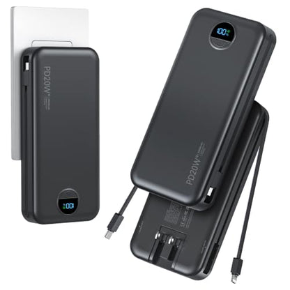 Portable Charger Power Bank 20000mAh with Built in Cables & Wall Plug - color: Black