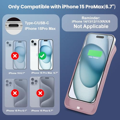 Battery Case for iPhone 15 Pro Max,Powerful 8600mah Ultra-Slim Protective Charging Case,15W Fast Charging Portable Rechargeable Expandable Battery Charger Cover for iPhone 15 Pro Max(6.7inch)-Pink - color: Pink