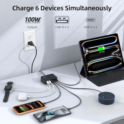 100W 6 in 1 USB Charger, 50% Smaller Charging Station for Multiple Devices - color: B-Black