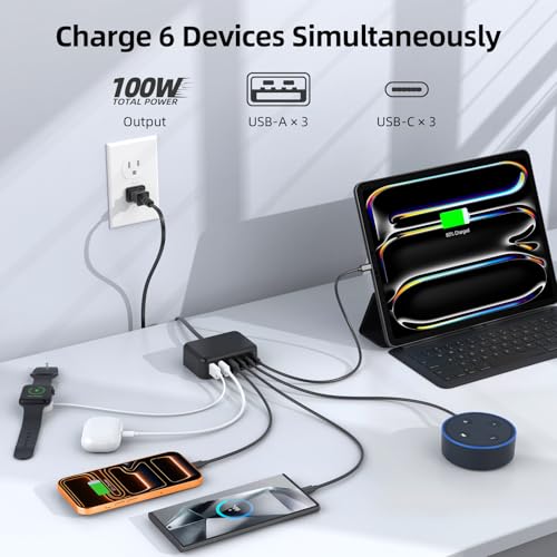 100W 6 in 1 USB Charger, 50% Smaller Charging Station for Multiple Devices - color: B-Black