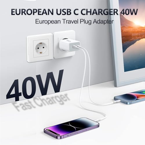 European USB C Charger, 40W PD4.0 European Travel Plug Adapter