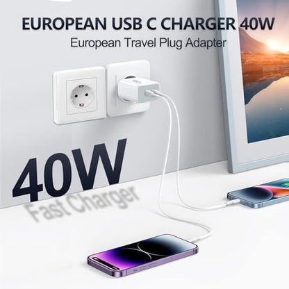 European USB C Charger, 40W PD4.0 European Travel Plug Adapter