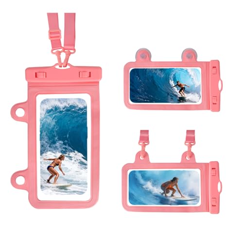 Larger Waterproof Phone Pouch iPhone &Shower Phone Holder Waterproof with 2 Suction Cups,Water Phone Protector Pouch with Adjustable Lanyard for iPhone 17 16 15 ProMax (Pink, 1 PCS) - color: Pink