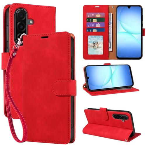 Wallet Case for Samsung Galaxy A17, RFID Blocking (Red) | 4 card slots with ID window, cash pocket, wrist strap, stand function, magnetic closure, flip PU leather, TPU inner shell - color: Red