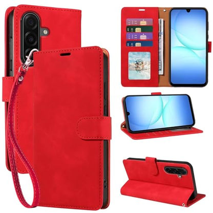 Wallet Case for Samsung Galaxy A17, RFID Blocking (Red) | 4 card slots with ID window, cash pocket, wrist strap, stand function, magnetic closure, flip PU leather, TPU inner shell - color: Red