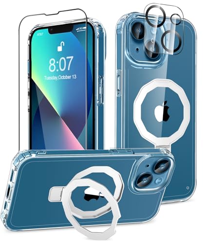 Magnetic for iPhone 13 Case Built-in Seamless Stand, Clear | with Screen Protector + Camera Lens Protector, [Compatible with MagSafe] Protective Shockproof Slim Phone Case - color: Clear, size: iPhone 13 6.1"