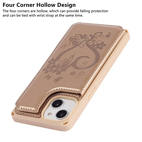 iCoverCase Compatible with iPhone 14 Wallet Phone Case with Card Holder for Women, RFID Blocking Embossed PU Leather Wrist Strap Case 6.1 Inch (Heart Gold) - color: H-Gold