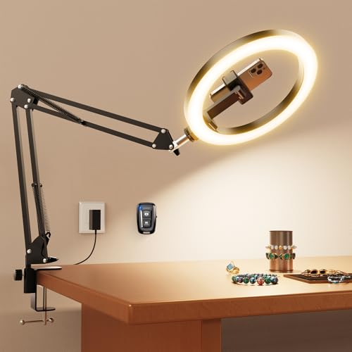 Pro Bright Overhead Ring Light with Clamp for Desk, Plug-in Powered for Stronger Lighting, Flexible Arm Phone Mount for Video, Cooking, Crafts & Livestream (18W) - size: 36.6" tall - High Brightness Clip-On Phone Holder