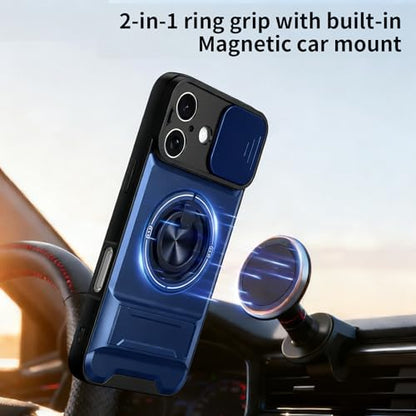 Dssairo for iPhone 17 case with 360°Rotation Magnetic Ring Compatible with MagSafe Slide Camera Cover Foldable Stand Military-Grade Shockproof Protective case (Blue, iPhone 17) - color: Blue, size: iPhone 17