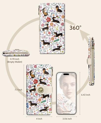 GIANCOMICS Dachshunds Dog Women Wallet RFID, Cute Credit Card Holder Bifold | Billfold, Cute Cash Purse, Travel Zipper Coin Pocket, Compact Clutch, PU Leather, ID Window, 11 Card Slots, Ladies Gift Woman - color: Dachshunds Flowers