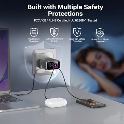 Compact 100W 3-Port GaN Retractable USB C Wall Charger with Smart Display