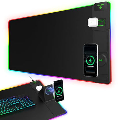 RGB Gaming Mouse Pad with Magnetic Wireless Charging & Foldable Phone Stand - color: RGB-Magnetic Stand-31.5"x15.8"-Right