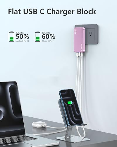 65W GaN Flat USB Wall Charger Block - 3 Port Foldable USB Charging Block - color: Pink