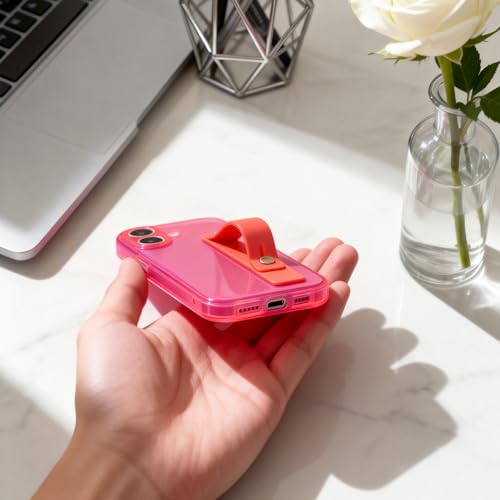 Strap Case for iPhone 17 with Stand, Neon Magenta | Wrist Strap Kickstand, Adjustable Finger Hand Grip Loop, Slim Transparent Anti-Scratch Back, Soft Bumper Phone Cover - color: Neon Magenta, size: iPhone 17
