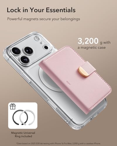 ESR Aura Clutch for MagSafe Wallet for Women, 5 Card Holder, RFID Blocking | MagSafe Sticker Included, Magnetic Wallet Stand for iPhone 17 Pro Max 17e 16 15 14 13 12 Series, Select Samsung Galaxy, Pink - color: Bubblegum Pink