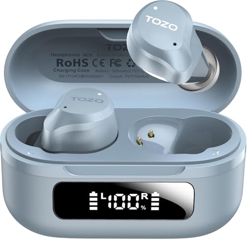 TOZO NC9 Hybrid Active Noise Cancelling Wireless Earbuds, 60H, LED Display - color: Dusty Blue
