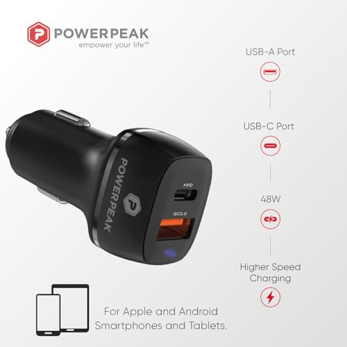 Car Charger, 48W Dual Port Car Charger, Black Power Delivery, USB-A and USB-C Ports, PD Charger, Compatible with iPhone - Apple and Android | Black