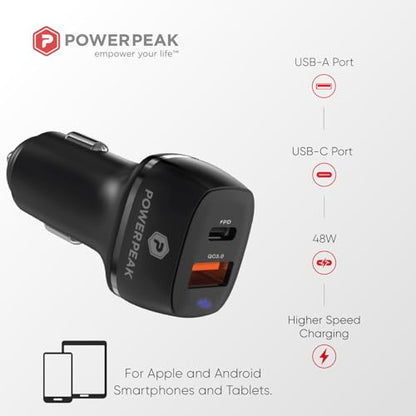 Car Charger, 48W Dual Port Car Charger, Black Power Delivery, USB-A and USB-C Ports, PD Charger, Compatible with iPhone - Apple and Android | Black