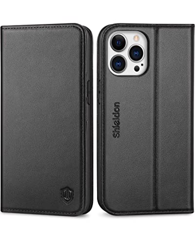 SHIELDON Genuine Leather Wallet Case for iPhone 13 Pro 6.1" 2021, Black | Magnetic Closure, RFID Blocking, Credit Card Holder, Kickstand, Folio Book Design, Shockproof Phone Cover - color: Black