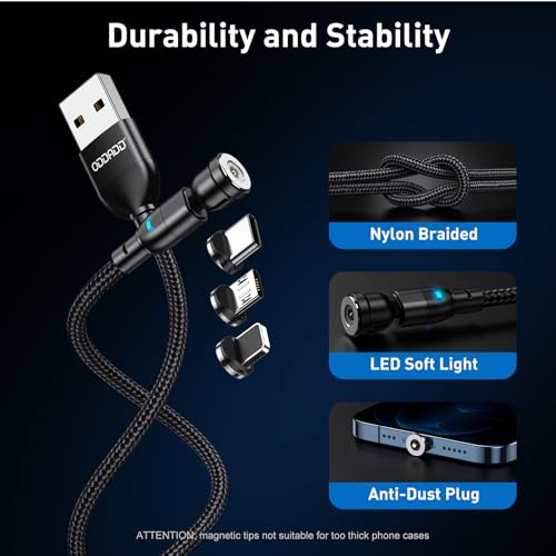 Magnetic Charging Cable 5-Pack (1.6/3.3/3.3/6.6/6.6FT), 540° Rotating Magnetic Phone Charger Cable with LED Light for Micro USB, USB C and i-Product Device