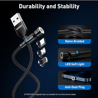 Magnetic Charging Cable 5-Pack (1.6/3.3/3.3/6.6/6.6FT), 540° Rotating Magnetic Phone Charger Cable with LED Light for Micro USB, USB C and i-Product Device