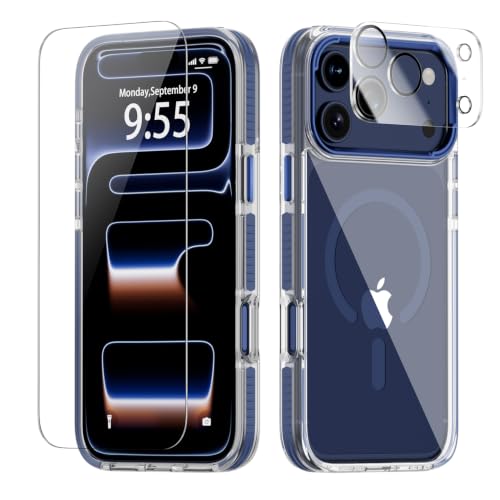 for iPhone 17 Pro Case, 3 in 1 Full Body Protection Kit, MagSafe Compatible, N52 Magnetic Backing, Blue Non-Slip Bumper Clear Cover with Tempered Glass Screen Protector & Camera Lens Film - color: Blue non-slip, size: iPhone 17 Pro