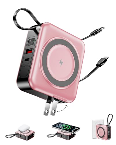 10000mAh for Magsafe Portable Charger Built-in Cables & AC Wall Plug,Pink | 6-in-1,PD 22.5W USB C Fast Charging,15W Magnetic Wireless Charging,Charge 5 devices at once,LED Display Travel Power Bank - color: Pink