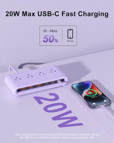 Power Strip with USB Port - 4AC & 6 USB(3USB C), Outlet Extender 5FT - color: Purple