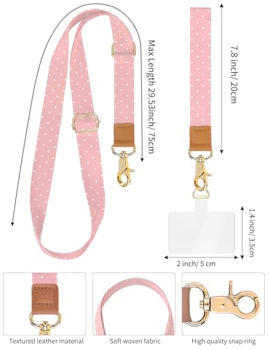 Phone Lanyard Crossbody Strap, Adjustable Neck Strap and Wristlet Strap for Phone Wallet ID Badge with 2 Phone Tabs - color: Pink White Dots
