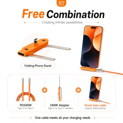 240W Detachable USB C to USB C Fast Charging with Invisible Phone Stand - size: Detachable,C to C,O
