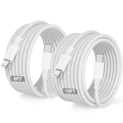USB C to Lightning Cable Nylon Braided [Apple MFi Certified] - 2Pack 6/10FT - color: White, size: 6ft+10ft