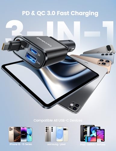 Lamicall Retractable Car Charger USB C 57W Charging for iPhone 18 17 16 Duo - color: Upgrade-Black