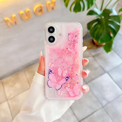 Compatible with iPhone 17 Pro Glitter Butterfly Case Glow in The Dark Women Girls Girly Bling Sparkle Flowing Quicksand Light up Soft TPU Bumper Luminous Clear Phone Cover, Purple - color: Pink, size: iPhone 17