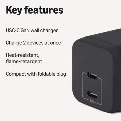 Amazon Basics 35W Fast Charging GaN USB-C Wall Charger, 2-Port Nano for Tablets, Phones, Black - color: Black, style: 35 W Two Port